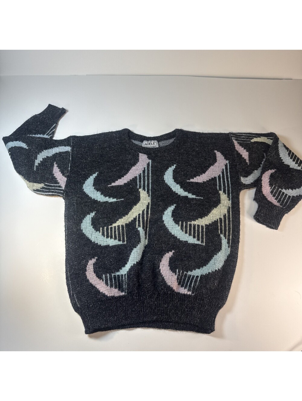 Vintage Adele Knitwear Sweater Womens M-L Crewneck Moon Pastel Blue Pattern 80's